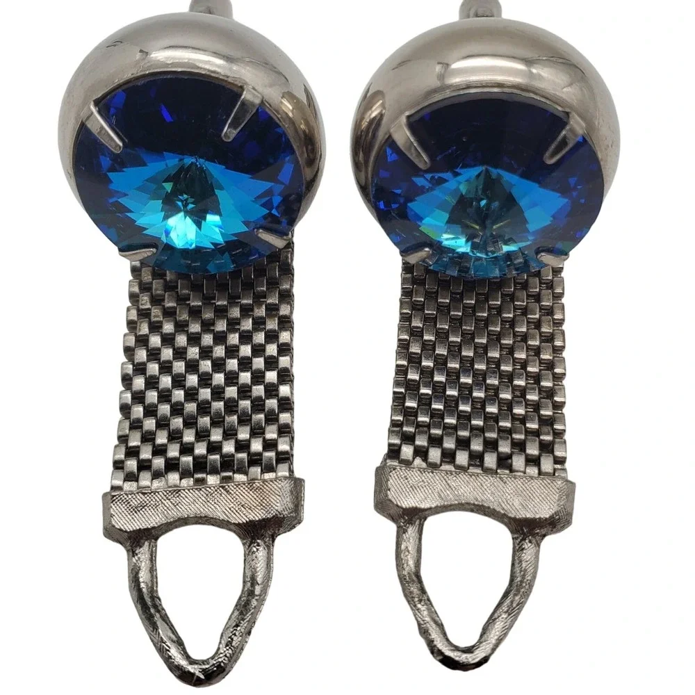 Blue Rivoli Crystal Cufflinks Silver Tone Mesh Wrap Around Suit Accessory Retro